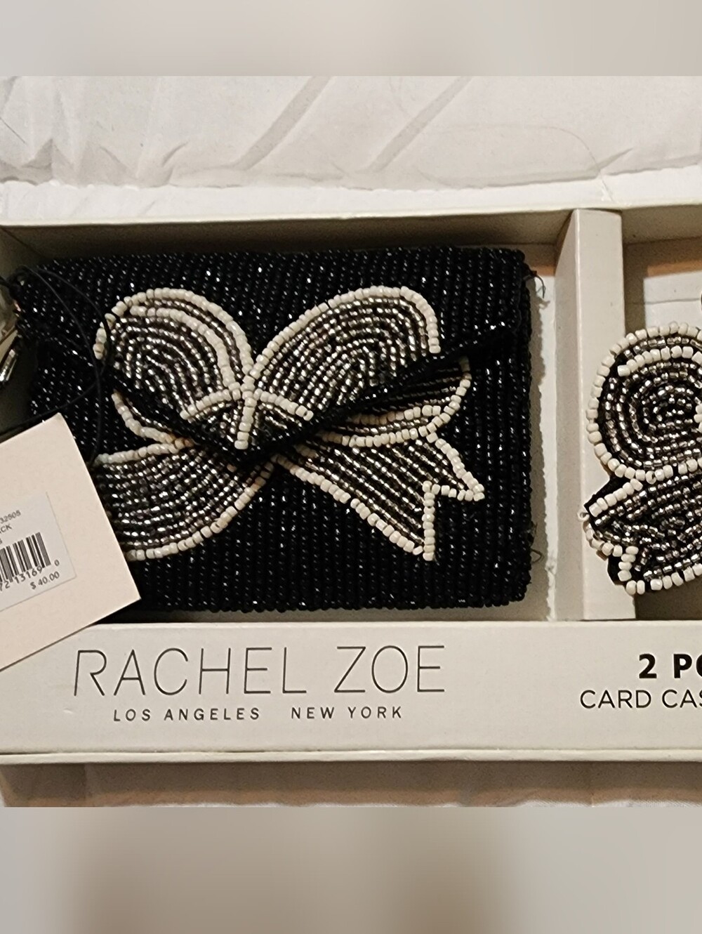 NWT Rachel Zoe Black & White Beaded Card holder And Bag Charm Set